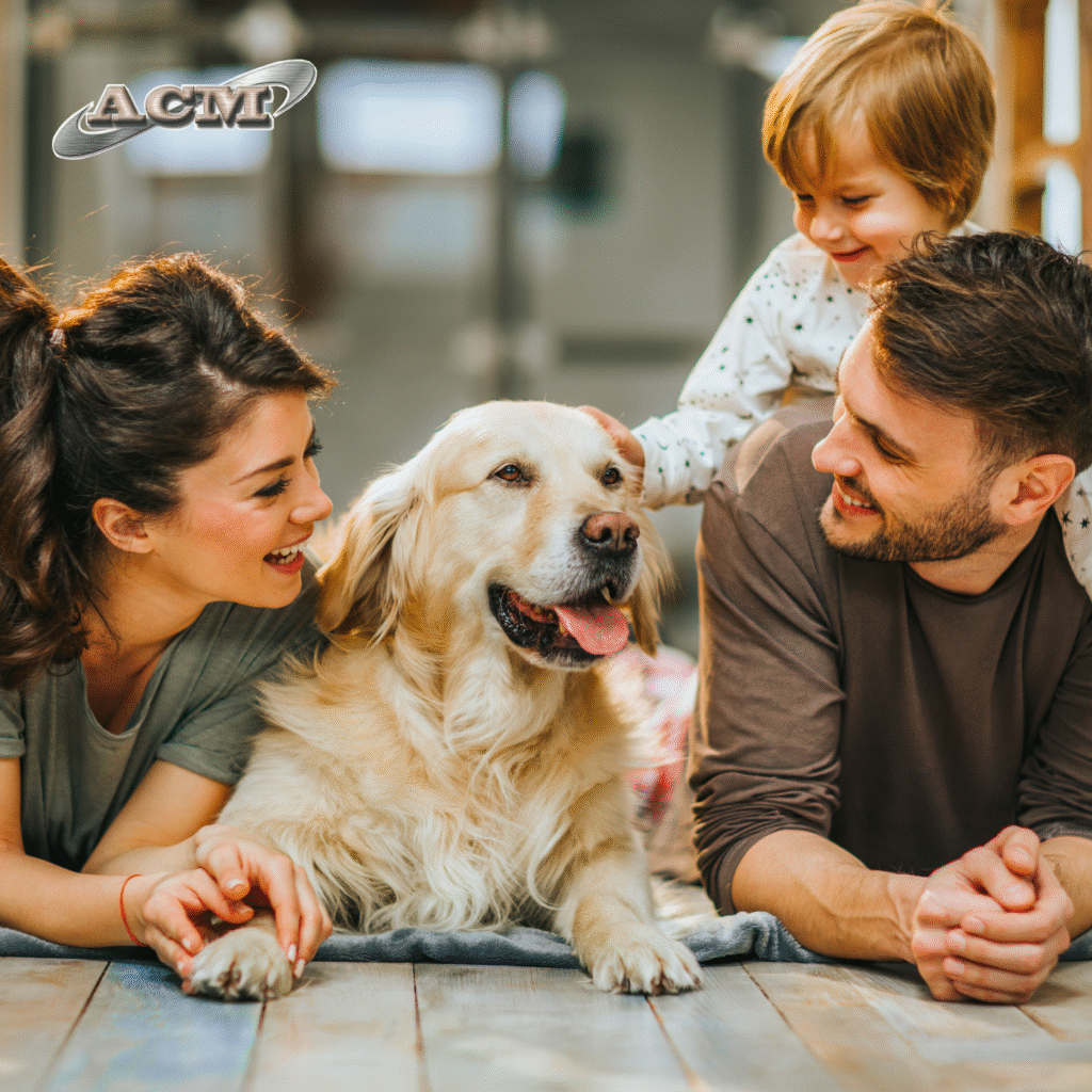 Family with dog in cozy setting.